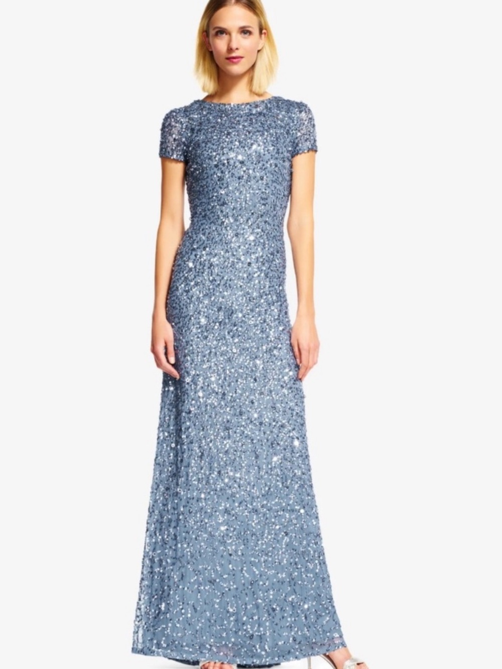 ADRIANNA PAPELL Beautiful Formal Blue Sequin Maxi Dress w/Short Train 14 NWT!